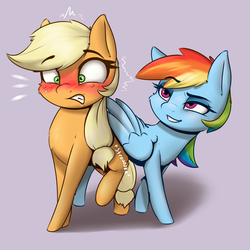 Size: 2400x2400 | Tagged: safe, artist:captainpudgemuffin, applejack, rainbow dash, earth pony, pegasus, pony, g4, bedroom eyes, blushing, blushing profusely, butt touch, cute, dashabetes, dreamworks face, duo, feathermarking, female, flustered, freckles, high res, jackabetes, lesbian, mare, never doubt tchernobog's involvement, ship:appledash, shipping, smiling