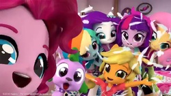 Size: 640x360 | Tagged: safe, screencap, applejack, fluttershy, pinkie pie, rainbow dash, rarity, spike, twilight sparkle, equestria girls, g4, clothes, doll, equestria girls minis, mane seven, mane six, nightgown, toy