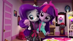 Size: 640x360 | Tagged: safe, screencap, rarity, twilight sparkle, equestria girls, g4, clothes, doll, equestria girls minis, female, irl, nightgown, photo, toy