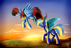 Size: 3000x2000 | Tagged: safe, artist:mufflinka, oc, oc only, oc:buttercream, oc:rainbow black, flying, high res, sunrise