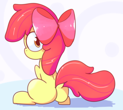 Size: 1280x1145 | Tagged: safe, artist:mr-degration, apple bloom, earth pony, pony, g4, abstract background, bloom butt, bow, butt, dock, female, filly, foal, hair bow, looking at you, looking back, looking back at you, plot, sitting, solo