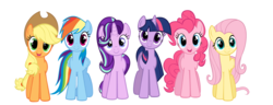 Size: 2000x768 | Tagged: safe, applejack, fluttershy, pinkie pie, rainbow dash, rarity, starlight glimmer, twilight sparkle, g4, background pony rarity, hugpony poses, looking at you, mane six, simple background, smiling, white background