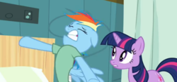 Size: 733x343 | Tagged: safe, screencap, rainbow dash, twilight sparkle, g4, read it and weep, bed, duo, hospital bed, hospital gown