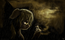 Size: 1920x1200 | Tagged: safe, artist:nemo2d, derpy hooves, pegasus, pony, g4, crossover, female, heavy rain, implied dinky, implied kidnapping, mare, origami, rain, sad, solo