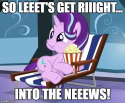 Size: 459x379 | Tagged: safe, derpibooru exclusive, starlight glimmer, g4, caption, catchphrase, drama alert, food, image macro, imgflip, keemstar, meme, popcorn, reference