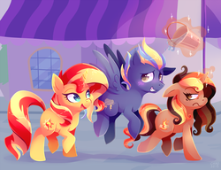Size: 1200x922 | Tagged: dead source, safe, artist:sharmie, sunset shimmer, oc, pegasus, pony, unicorn, g4, blushing, bucket, water