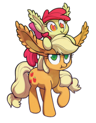 Size: 1750x2230 | Tagged: safe, artist:dawnfire, apple bloom, applejack, g4, :t, apple bloom riding applejack, colored pupils, ear fluff, impossibly large ears, ponies riding ponies, raised hoof, riding, simple background, sisters, style emulation, transparent background, unamused