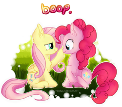 Size: 900x783 | Tagged: safe, artist:falldust, fluttershy, pinkie pie, g4, boop, chest fluff, nose wrinkle, raised hoof, scrunchy face, sitting