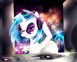 Size: 1623x1306 | Tagged: safe, artist:haruliina, dj pon-3, vinyl scratch, pony, unicorn, g4, female, headphones, hooves, horn, mare, missing cutie mark, smiling, solo, speaker, sunglasses, teeth, turntable