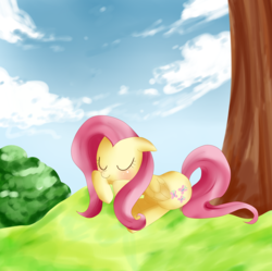 Size: 700x698 | Tagged: safe, artist:haruliina, fluttershy, g4, female, prone, sleeping, solo, tree