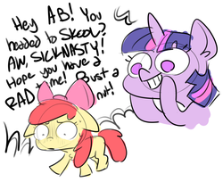 Size: 1280x1045 | Tagged: safe, artist:nobody, apple bloom, twilight sparkle, g4, do not want, floppy ears, slang, totally radical, yelling