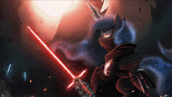 Size: 970x548 | Tagged: safe, artist:ncmares, artist:theshadowscale, princess luna, g4, animated, crossguard lightsaber, crossover, female, knights of ren, kylo ren, lightsaber, magic, mare, red lightsaber, sith, solo, star wars, telekinesis, weapon