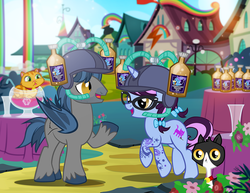 Size: 1100x850 | Tagged: safe, artist:pixelkitties, derp cat, trixie, oc, oc:pixelkitties, oc:sharpie fume, bat pony, cat, pony, unicorn, g4, rainbow falls, alcohol, arrogant trixie ale, beer, bell, bell collar, cat bell, collar, drinking hat, female, food, hat, m.a. larson, male, mare, national beer day, ponified, punch bowl, rainbow waterfall, stallion, tattoo