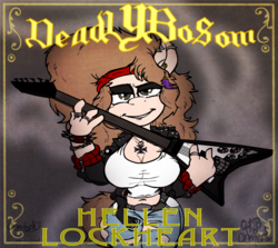 Size: 1280x1142 | Tagged: safe, artist:combel, oc, oc only, oc:hellen lockheart, anthro, album cover, alternate hairstyle, bandana, belt, clothes, ear piercing, explicit source, flying v, guitar, jeans, leather jacket, necklace, pants, piercing, punk, ring, ripped jeans, rock (music), solo, t-shirt, younger