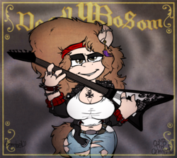 Size: 1280x1142 | Tagged: safe, artist:combel, oc, oc only, oc:hellen lockheart, anthro, album cover, alternate hairstyle, bandana, belt, clothes, ear piercing, explicit source, flying v, guitar, jeans, leather jacket, necklace, pants, piercing, punk, ring, ripped jeans, rock (music), solo, t-shirt, younger