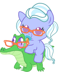 Size: 886x1017 | Tagged: safe, artist:red4567, gummy, sugarcoat, pony, equestria girls, g4, my little pony equestria girls: friendship games, baby, baby pony, baby sugarcoat, cute, equestria girls ponified, glasses, pacifier, ponies riding gators, ponified, recolor, riding, sugarcoat riding gummy, sugarcute