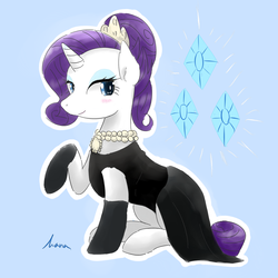Size: 1500x1500 | Tagged: safe, artist:kanaowo, rarity, g4, the gift of the maud pie, alternate hairstyle, black dress, clothes, dress, evening gloves, female, gloves, little black dress, looking at you, necklace, pearl necklace, raised hoof, sitting, solo