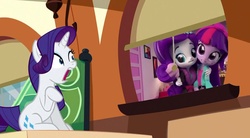 Size: 1002x554 | Tagged: safe, edit, screencap, rarity, twilight sparkle, equestria girls, g4, the gift of the maud pie, doll, equestria girls minis, female, solo, toy, train, window