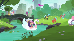 Size: 1920x1080 | Tagged: safe, screencap, b. sharp, blue peeler, luckette, neigh sayer, orange sherbet, silver berry, strawberry ice, swanky hank, earth pony, pony, g4, the gift of the maud pie, background pony, boat, bridge, corral park, cute, female, glasses, heart shaped glasses, kite, male, manehattan, mare, park, river, stallion, swan boat