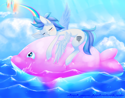 Size: 2184x1700 | Tagged: safe, artist:gnidagovnida, oc, oc only, pegasus, pony, whale, eyes closed, floating, happy, implied rainbow dash, inflatable, pool toy, rainbow trail, relaxing, sky, solo, sonic rainboom, water