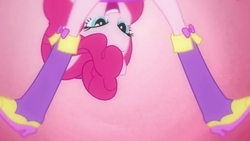 Size: 1280x720 | Tagged: safe, screencap, pinkie pie, equestria girls, g4, my little pony equestria girls, bent over, boots, fall formal outfits, high heel boots, looking between legs, out of context, solo, transformation, upside down