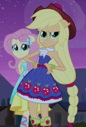 Size: 420x620 | Tagged: safe, screencap, applejack, fluttershy, equestria girls, g4, boots, cowboy boots, cowboy hat, cropped, fall formal outfits, female, hat, high heel boots, ponytail