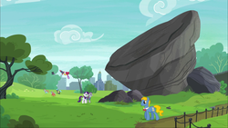 Size: 1920x1080 | Tagged: safe, screencap, b. sharp, maud pie, perfect pace, rarity, strawberry ice, swanky hank, earth pony, pony, unicorn, g4, the gift of the maud pie, background pony, boulder, corral park, female, hat, heart, kite, male, manehattan, mare, park, rock, rocket, stallion, top hat