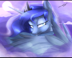 Size: 1600x1300 | Tagged: safe, artist:kyodashiro, princess luna, alicorn, pony, g4, eyebrows, eyebrows visible through hair, female, mare, moon, solo