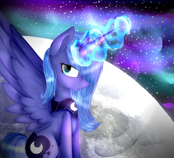 Size: 1650x1500 | Tagged: safe, artist:clefficia, princess luna, g4, female, magic, moon, s1 luna, sitting, solo, space, spread wings