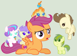 Size: 1024x746 | Tagged: safe, artist:3d4d, apple bud, cream puff, pound cake, princess flurry heart, pumpkin cake, scootaloo, alicorn, earth pony, pegasus, pony, unicorn, g4, baby, baby pony, babysitting, budbetes, creambetes, cute, cutealoo, female, filly, flurrybetes, male, poundabetes, pumpkinbetes, scootalove, simple background