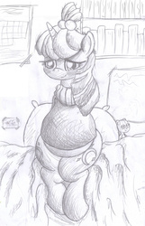 Size: 1356x2100 | Tagged: safe, artist:seenty, moondancer, pony, unicorn, g4, bed, blushing, clothes, cute, dancerbetes, female, mare, monochrome, pencil drawing, pillow, pregdancer, pregnant, solo, sweater, traditional art