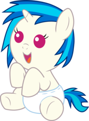 Size: 766x1043 | Tagged: safe, artist:mighty355, dj pon-3, vinyl scratch, pony, unicorn, g4, baby, baby pony, babynyl scratch, diaper, female, filly, foal, happy, hooves, horn, open mouth, simple background, solo, transparent background, vector