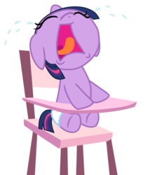 Size: 821x973 | Tagged: safe, artist:mighty355, twilight sparkle, pony, unicorn, g4, baby, baby pony, babylight sparkle, chair, crying, crying baby, crying newborn baby, crying newborn infant, crylight sparkle, diaper, diaperlight sparkle, female, floppy ears, highchair, hungry, hungry baby, infant, infant twilight, newborn, newborn foal, open mouth, simple background, solo, transparent background, unicorn twilight, vector, white diaper