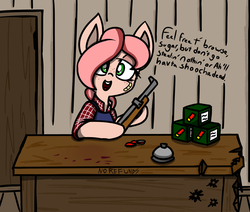 Size: 1228x1043 | Tagged: safe, artist:coatieyay, oc, oc only, fallout equestria, bandaid, bell, blood, blood stains, bullet hole, caps, clothes, counter, dialogue, freckles, gun, rifle, shopkeeper, solo, vendor, weapon