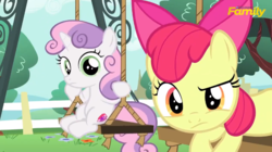 Size: 850x475 | Tagged: safe, screencap, apple bloom, sweetie belle, g4, on your marks, discovery family logo, duo, frown, looking at you, meme origin, sweetie belle's stare, swing, worried