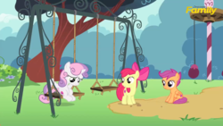 Size: 1600x900 | Tagged: safe, screencap, apple bloom, scootaloo, sweetie belle, g4, on your marks, cutie mark crusaders, discovery family logo, swing