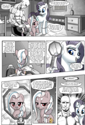 Size: 1309x1920 | Tagged: safe, artist:pencils, rarity, oc, oc:anon, oc:papyra maroon, earth pony, human, pony, unicorn, comic:anon's pie adventure, g4, arrogance, bandage, bracer, braid, clothes, comic, dialogue, do not want, entitlement, eyes on the prize, eyeshadow, female, filly, flower, human male, magic, makeup, male, mare, mirror, open mouth, shorts, surprised, telekinesis, thought bubble, topless