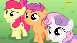 Size: 1600x900 | Tagged: safe, screencap, apple bloom, scootaloo, sweetie belle, g4, on your marks, cutie mark crusaders, discovery family logo, smiling