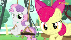 Size: 1280x720 | Tagged: safe, screencap, apple bloom, sweetie belle, g4, on your marks, animated, discovery family logo, duo, female, frown, looking at you, reaction image, sweetie belle's stare, swing, worried