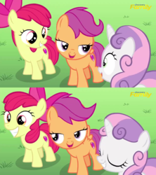 Size: 1280x1440 | Tagged: safe, screencap, apple bloom, scootaloo, sweetie belle, g4, on your marks, cutie mark crusaders, discovery family logo, excited, eyes closed, lidded eyes, out of context