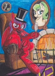 Size: 1701x2338 | Tagged: safe, artist:scribblepwn3, oc, oc only, pegasus, pony, alcohol, champagne, commission, fire, food, pen drawing, sitting, solo, traditional art, watercolor painting, wine