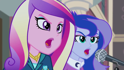 Size: 1280x720 | Tagged: safe, screencap, dean cadance, princess cadance, princess luna, vice principal luna, equestria girls, g4, my little pony equestria girls: friendship games, canterlot high, duo, duo female, female, microphone, open mouth, unleash the magic