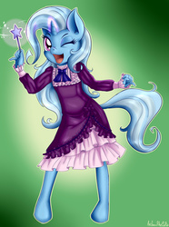 Size: 2091x2806 | Tagged: safe, artist:anibaruthecat, trixie, anthro, unguligrade anthro, g4, clothes, dress, female, filly, high res, looking at you, solo
