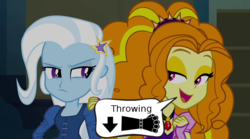 Size: 1280x714 | Tagged: safe, adagio dazzle, trixie, equestria girls, g4, gauntlet, speech bubble