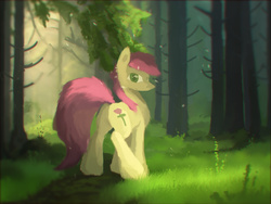 Size: 2430x1823 | Tagged: safe, artist:fuzzyfox11, roseluck, earth pony, pony, g4, butt, female, fluffy, forest, looking at you, looking back, mare, plot, solo