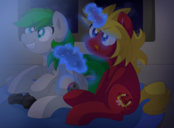 Size: 1338x984 | Tagged: safe, artist:pearlyiridescence, oc, oc only, pegasus, pony, unicorn, controller, grin, gritted teeth, magic, night, sitting, tongue out, video game