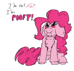 Size: 912x875 | Tagged: safe, artist:firefanatic, pinkie pie, g4, :i, angry, belly, blushing, chest fluff, chubby, cute, floppy ears, fluffy, gabriel iglesias, glare, grammar error, impossibly large chest fluff, looking up, poofy, puffy cheeks, scrunchy face, simple background, unshorn fetlocks, wavy mouth, white background