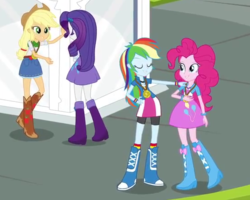 Size: 550x440 | Tagged: safe, screencap, applejack, pinkie pie, rainbow dash, rarity, equestria girls, g4, my little pony equestria girls: friendship games, balloon, boots, clothes, cowboy boots, female, high heel boots, jewelry, skirt