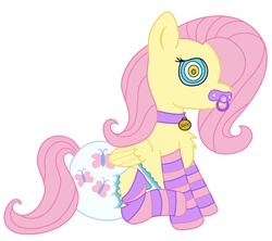 Size: 1731x1536 | Tagged: safe, artist:flutterfaggot, fluttershy, g4, adult foal, clothes, collar, cutie mark diapers, diaper, female, hypnoshy, hypnosis, kaa eyes, mental regression, non-baby in diaper, pacifier, pet tag, poofy diaper, socks, solo, striped socks