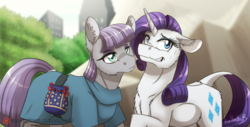 Size: 1024x519 | Tagged: safe, artist:inuhoshi-to-darkpen, maud pie, rarity, earth pony, pony, unicorn, g4, the gift of the maud pie, chest fluff, clothes, dock, ear fluff, female, floppy ears, mare, nervous, patreon, patreon logo, pouch, rock pouch, saddle bag, scene interpretation, stare